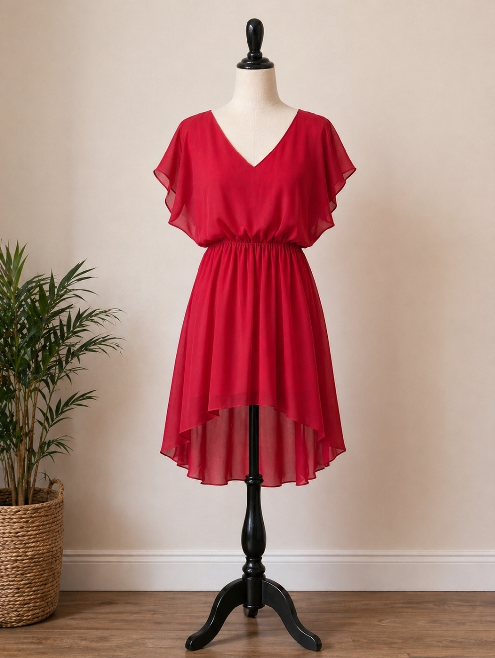 Ruby Red High-Low Dress XL 🔥 Flowy Chiffon V-Neck Elastic Waist Flowy Date